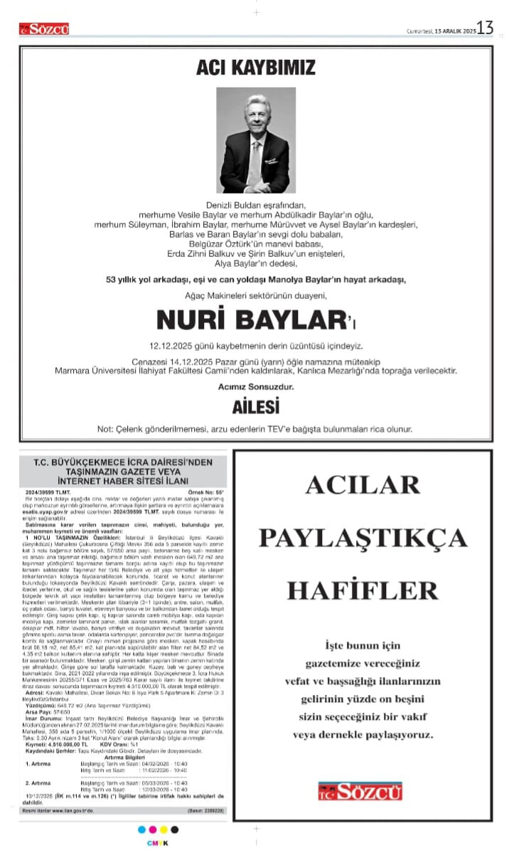 Sözcü gazetesi 13 Aralık İlanları