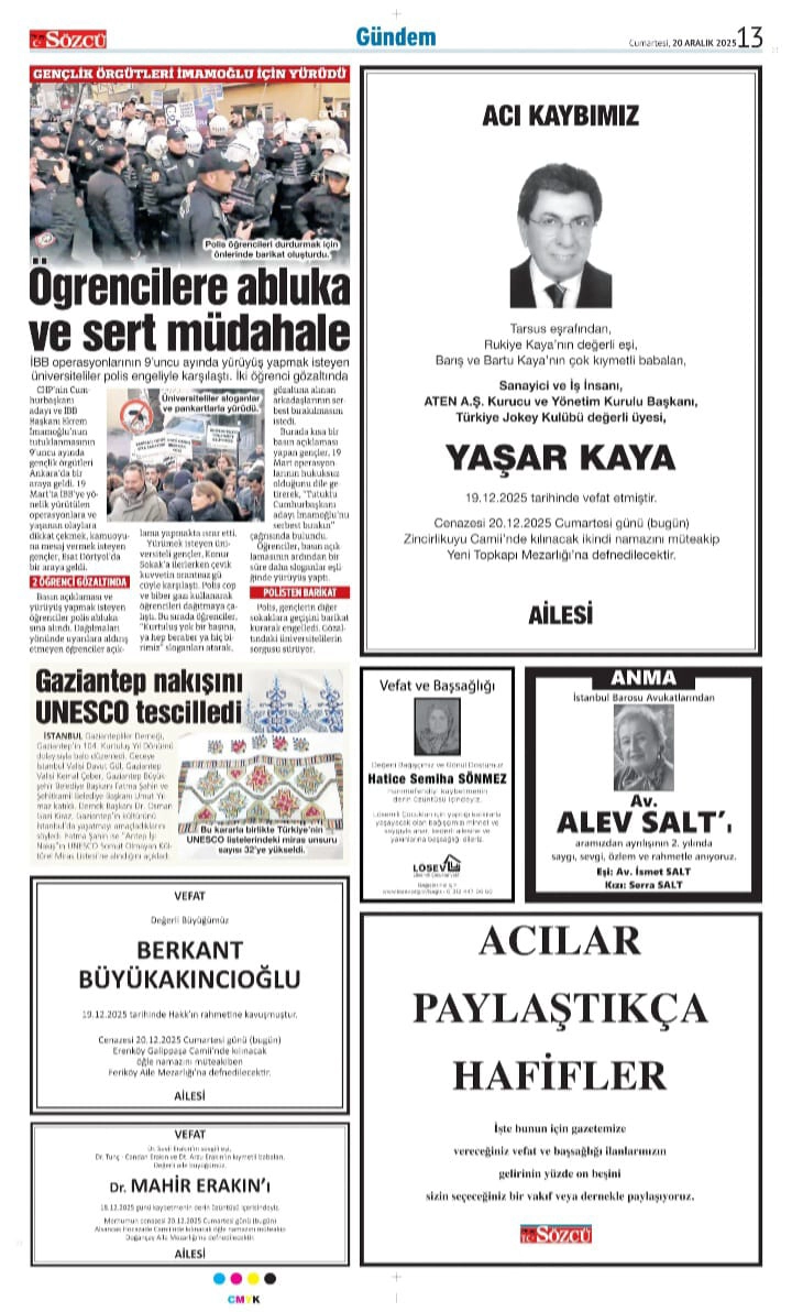 Sözcü gazetesi 20 Aralık 2025 ilanları