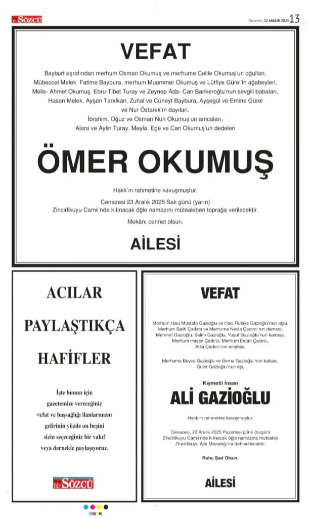 Sözcü gazetesi 22 Aralık 2025 ilanları