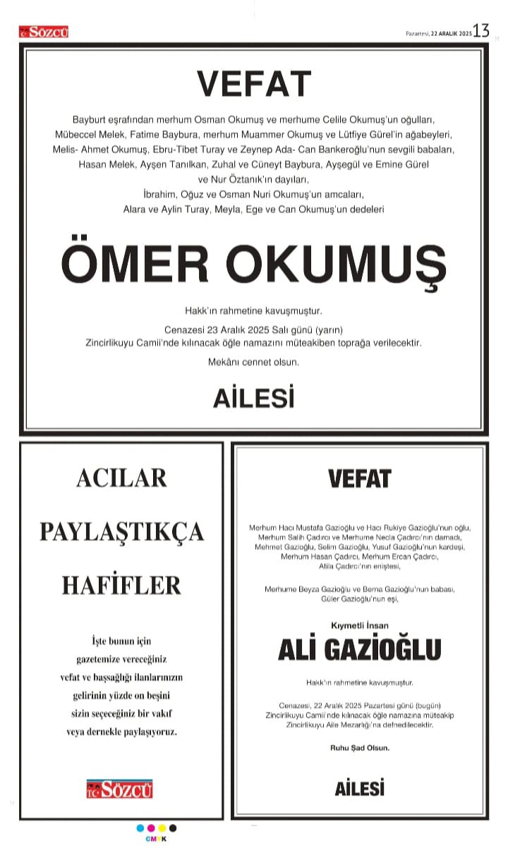 Sözcü gazetesi 22 Aralık 2025 ilanları