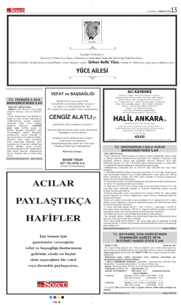 Sözcü Gazetesi 3 Aralık 2025 İlanları