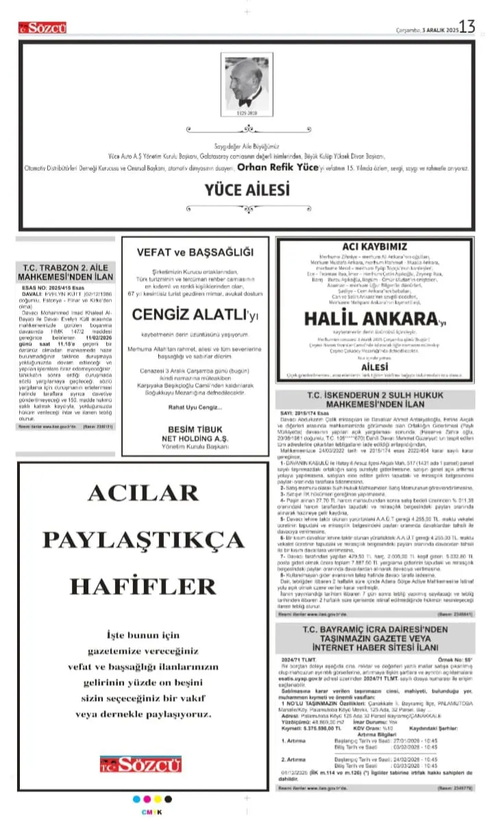 Sözcü Gazetesi 3 Aralık 2025 İlanları