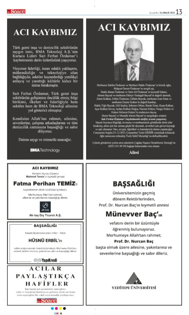 Sözcü 31 Aralık Vefat İlanları