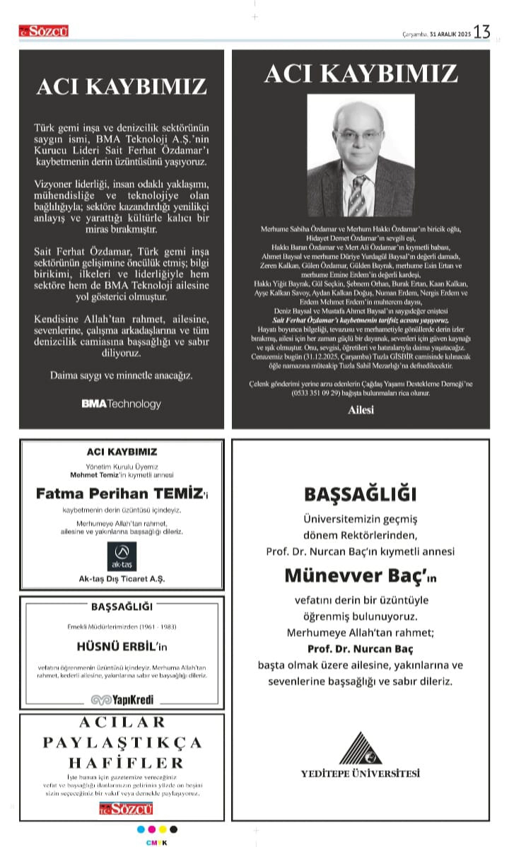 Sözcü 31 Aralık Vefat İlanları