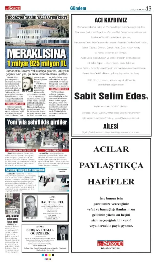 Sözcü 2 Ocak 2026 İlanları