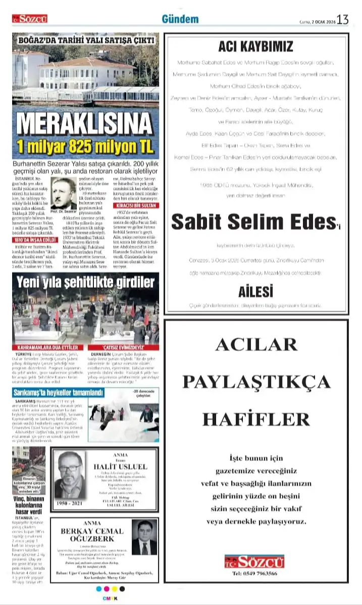 Sözcü 2 Ocak 2026 İlanları