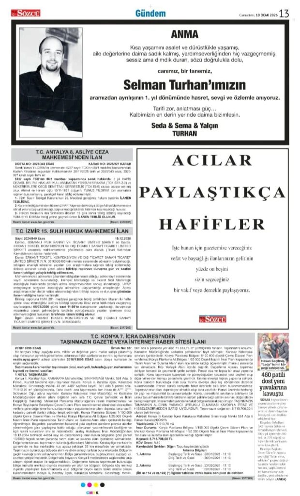 Sözcü Gazetesi 10 Ocak 2026 İlanları