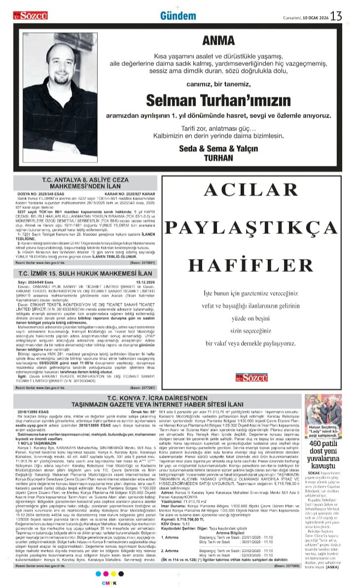 Sözcü Gazetesi 10 Ocak 2026 İlanları