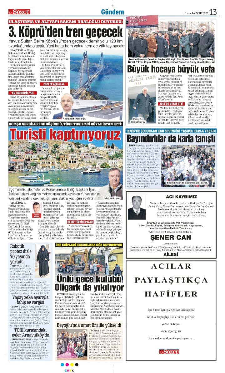 Sözcü Gazetesi 16 Ocak 2026 İlanları