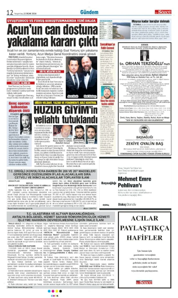 Sözcü gazete 22 ocak 2026 İlanları