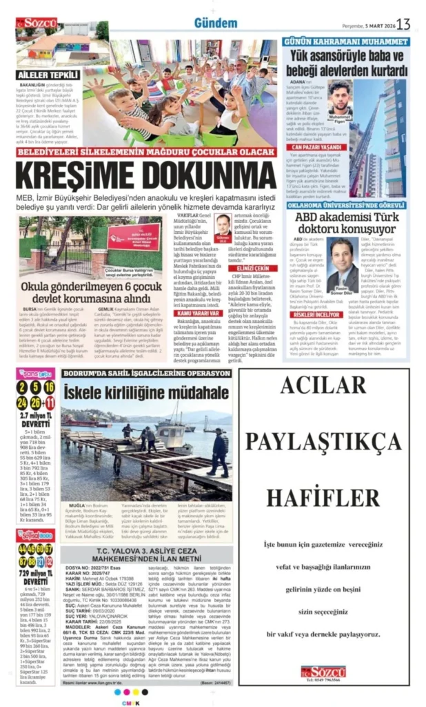 Sözcü Gazetesi 5 Mart 2026 İlanları