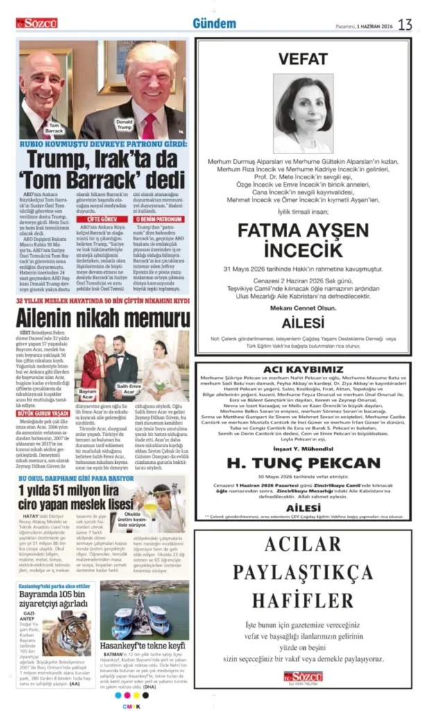 Sözcü 1 Haziran 2026 Vefat - Başsağlığı