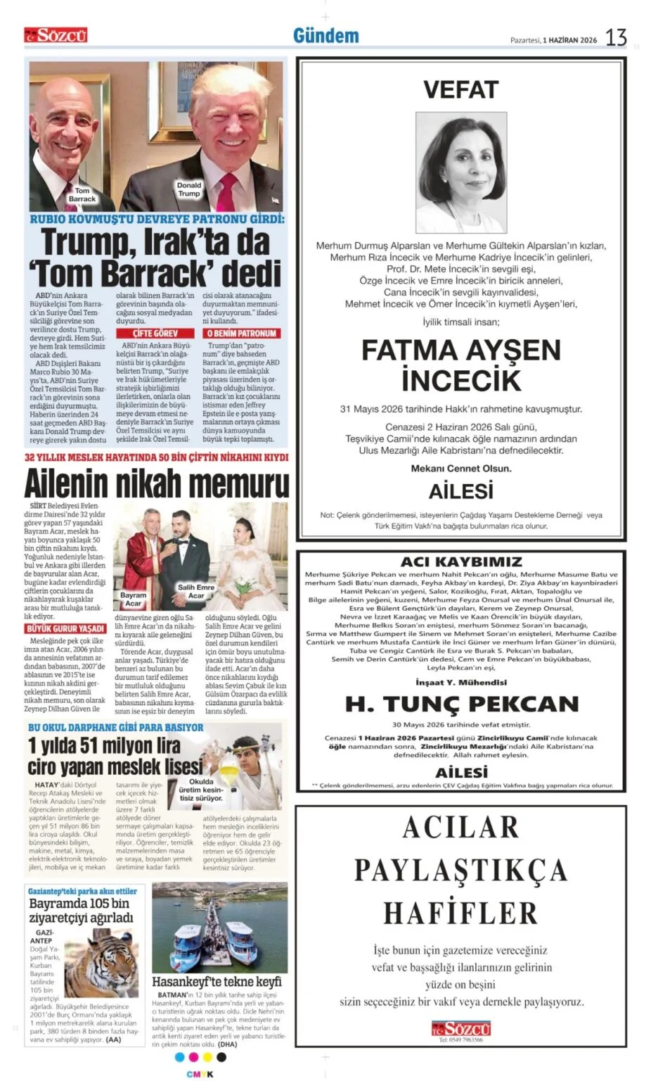 Sözcü 1 Haziran 2026 Vefat - Başsağlığı