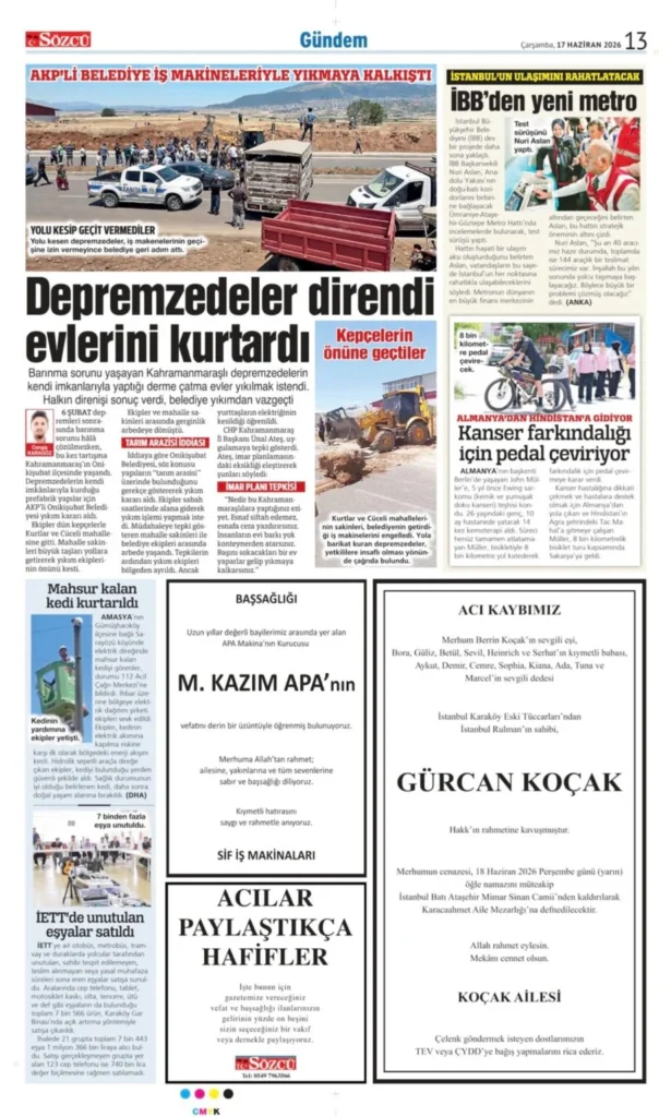 17 Haziran 2026 Vefat, Başsağlığı İlanları Sözcü