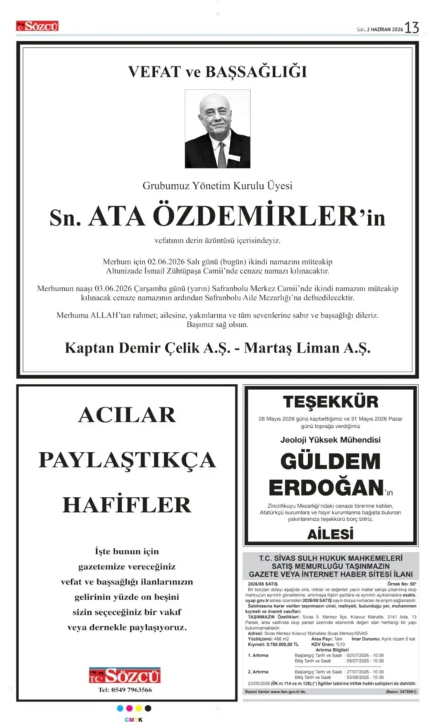 2 Haziran 2026 Vefat, Başsağlığı İlanları Sözcü