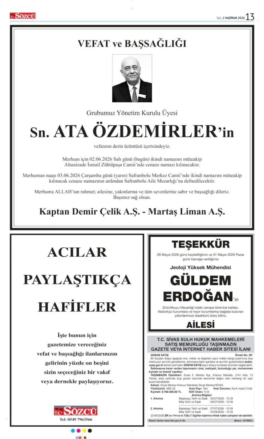 2 Haziran 2026 Vefat, Başsağlığı İlanları Sözcü