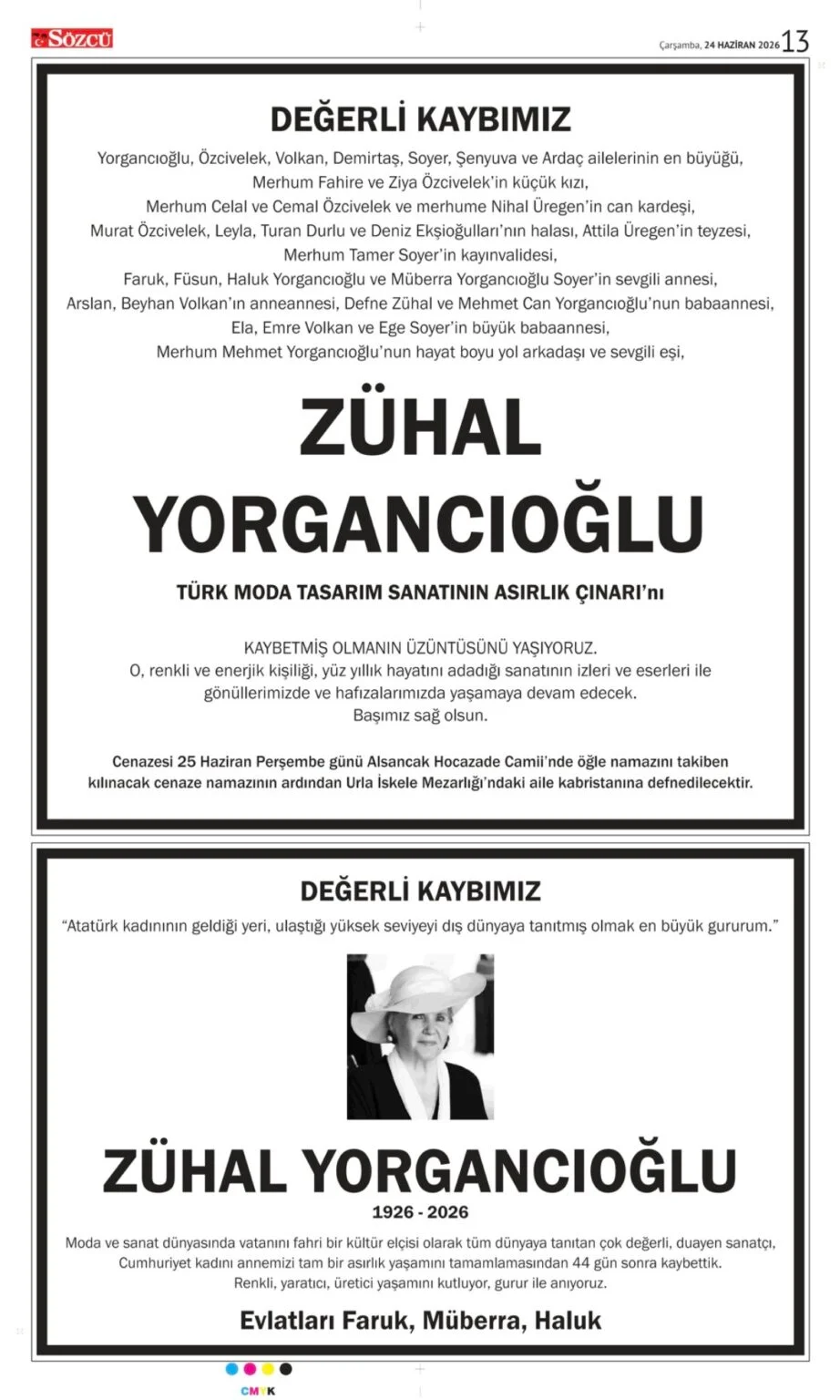 Yarım sayfa vefat ilanı