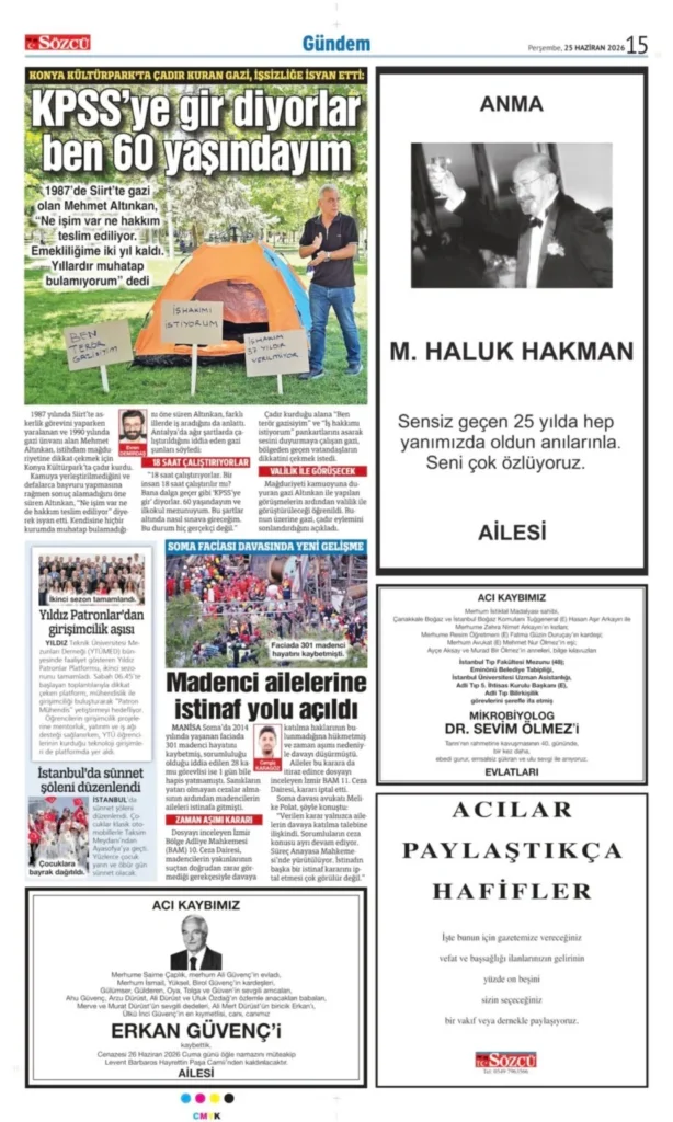 25 Haziran 2026 Vefat, Başsağlığı İlanları Sözcü