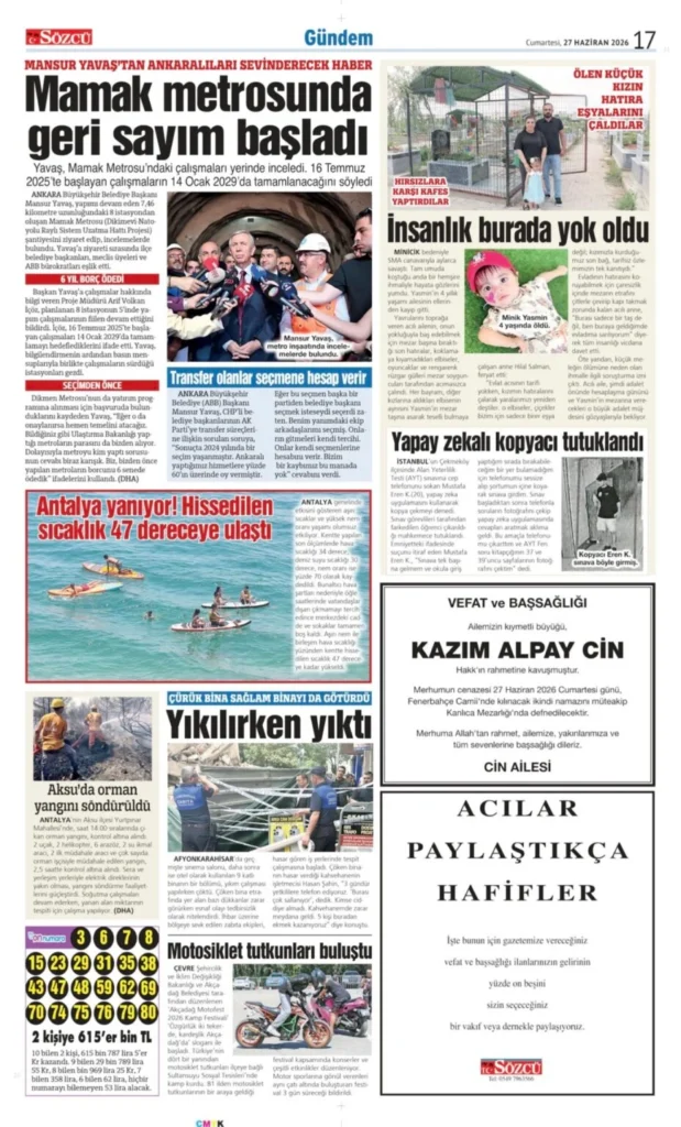 27 Haziran 2026 Vefat, Başsağlığı İlanları Sözcü