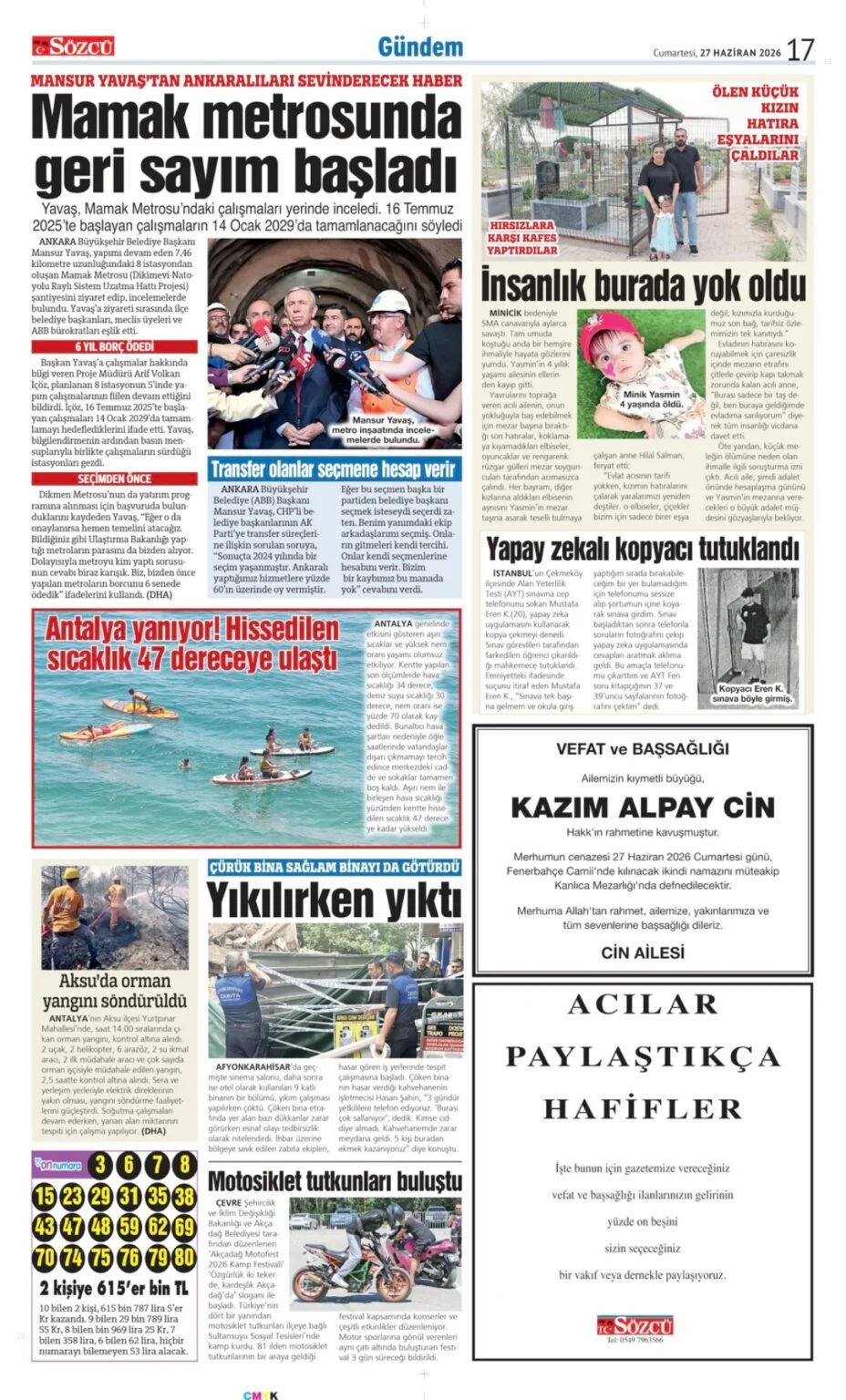 27 Haziran 2026 Vefat, Başsağlığı İlanları Sözcü