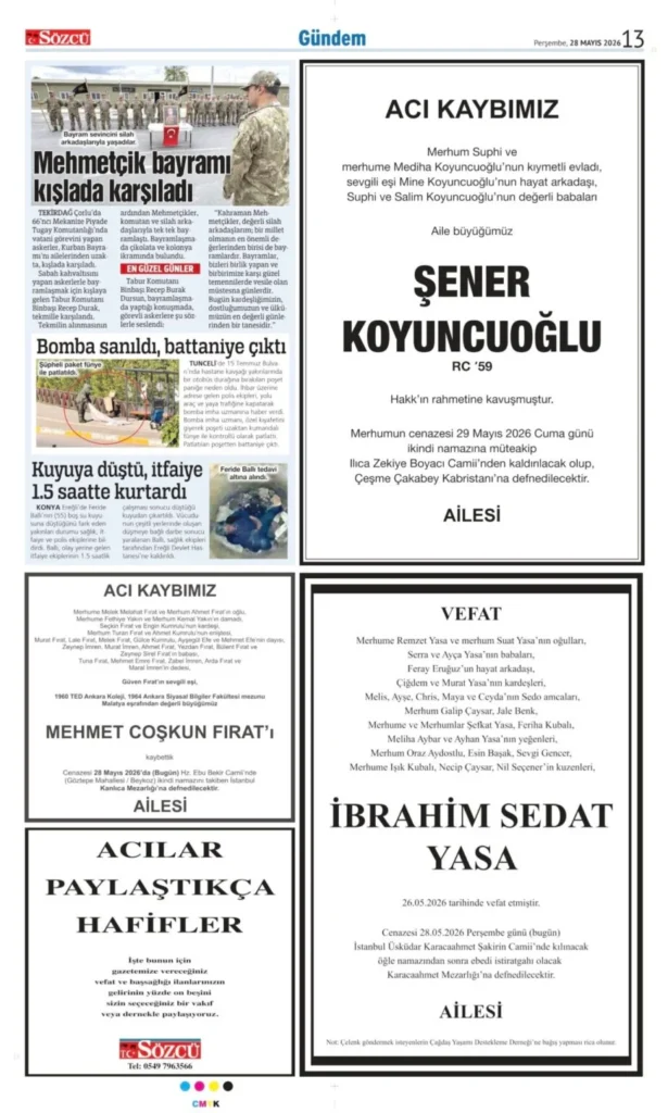 Sözcü 28 Mayıs 2026 Vefat - Başsağlığı