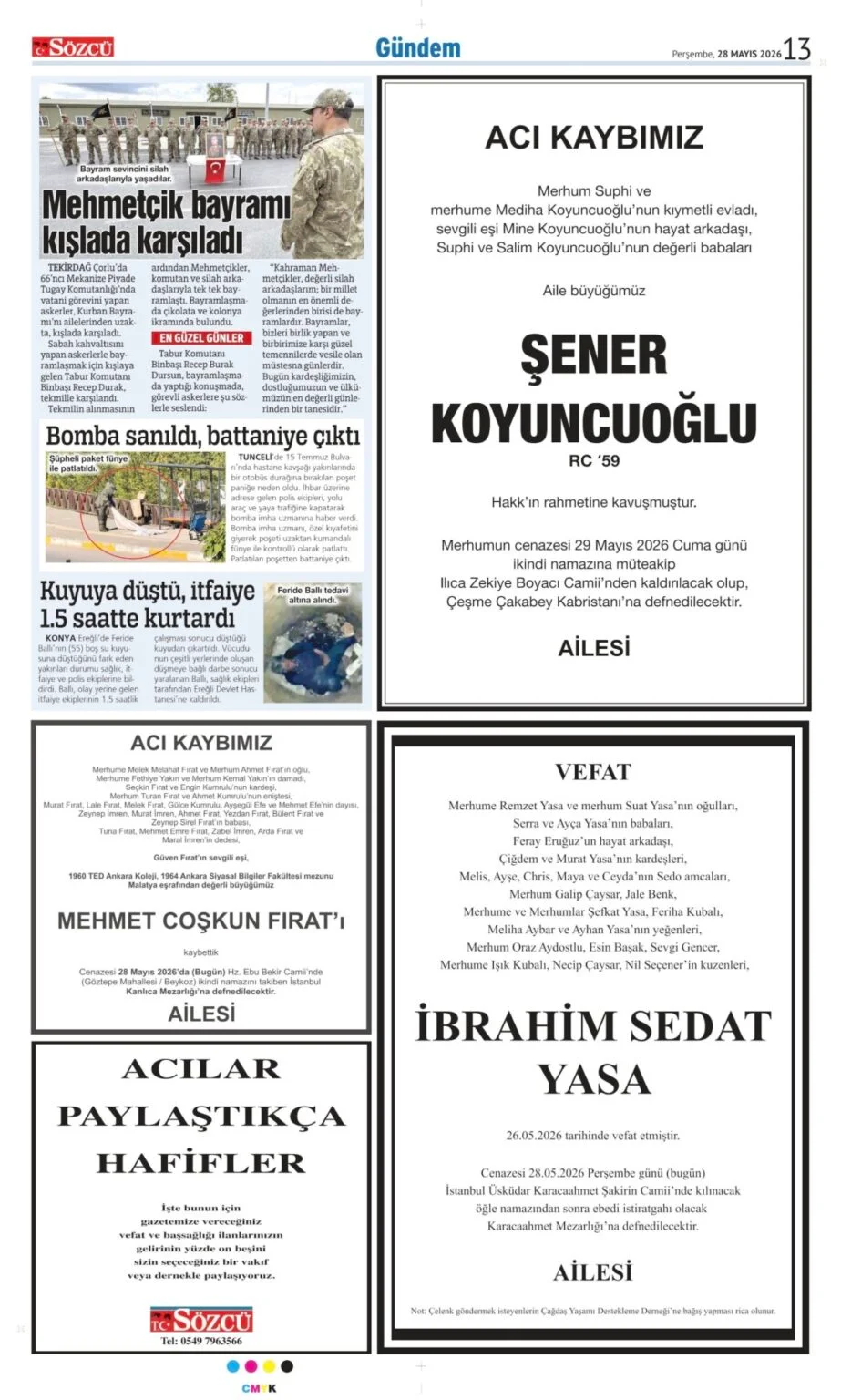 Sözcü 28 Mayıs 2026 Vefat - Başsağlığı