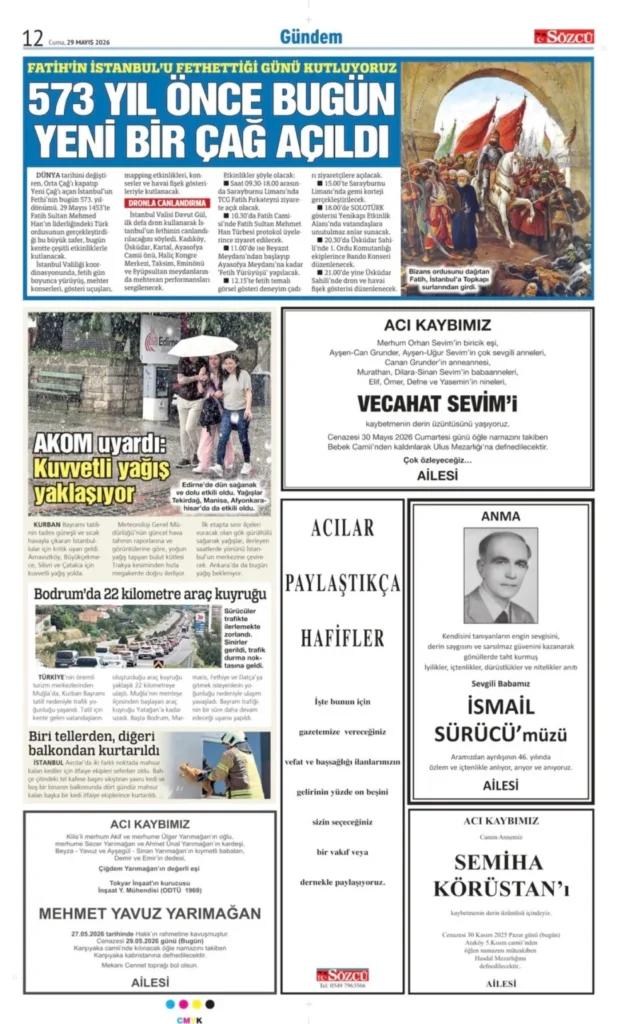 Sözcü 29 Mayıs 2026 Vefat - Başsağlığı