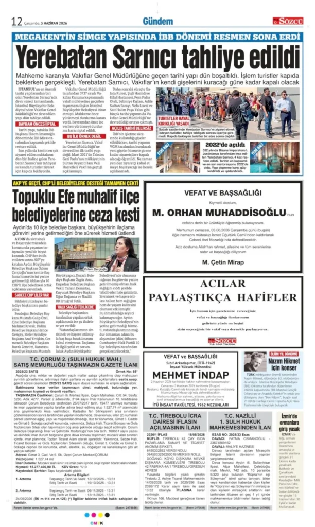 3 Haziran 2026 Vefat, Başsağlığı İlanları Sözcü