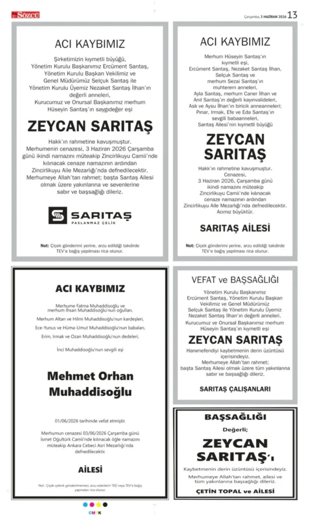 3 Haziran 2026 Vefat, Başsağlığı İlanları Sözcü