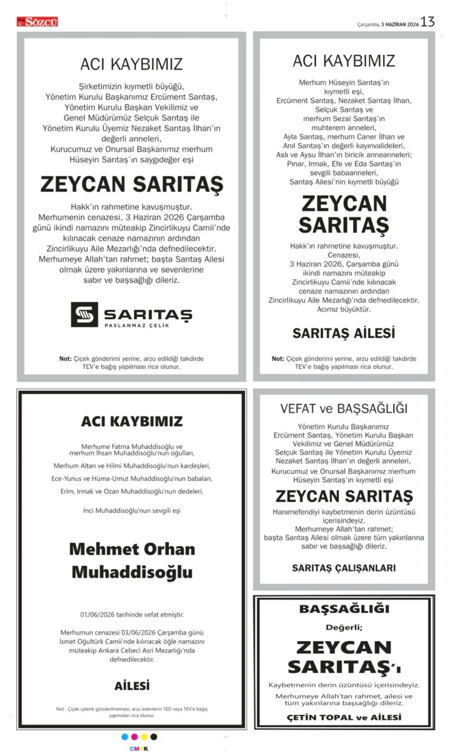 3 Haziran 2026 Vefat, Başsağlığı İlanları Sözcü