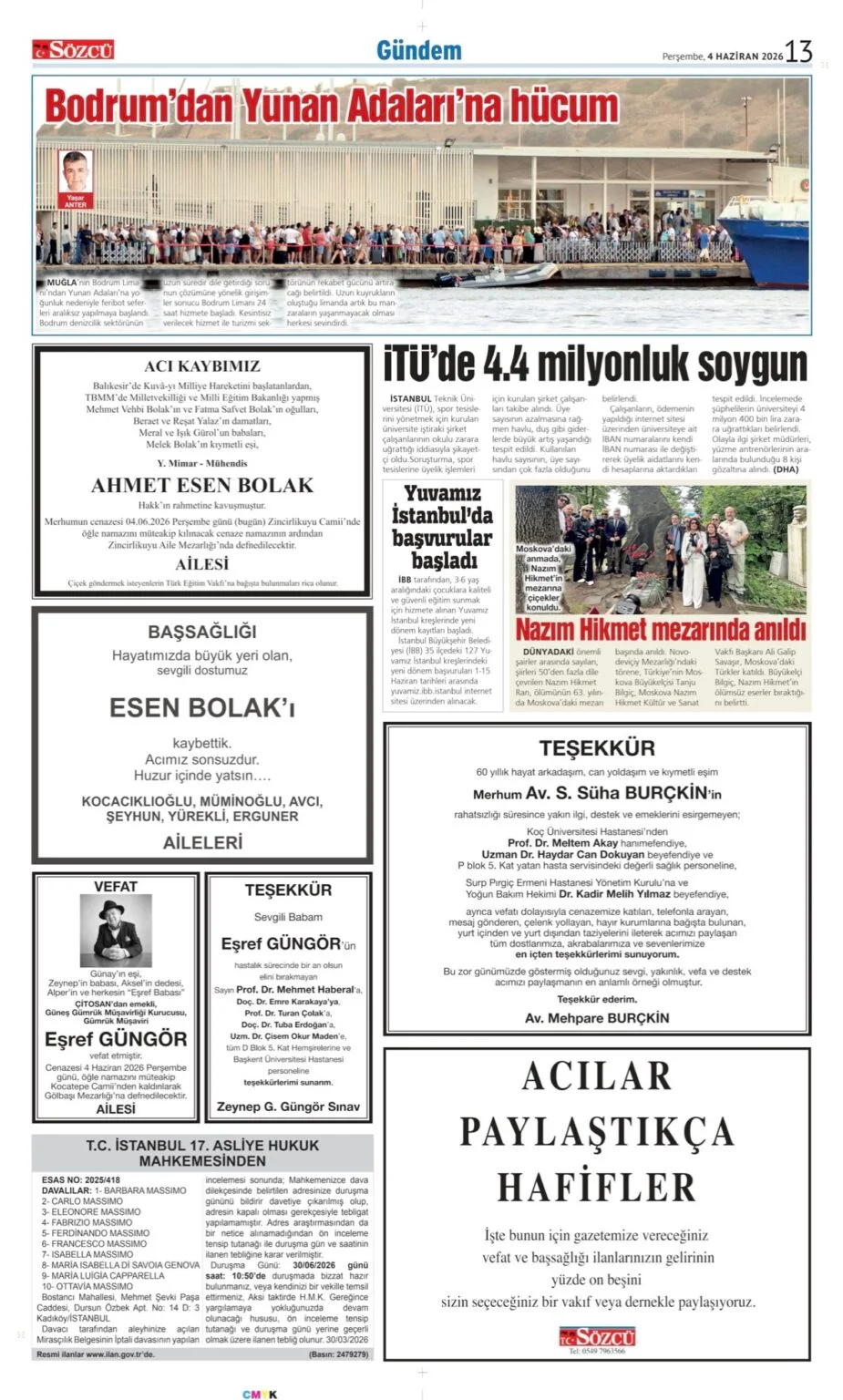 4 Haziran 2026 Vefat, Başsağlığı İlanları Sözcü