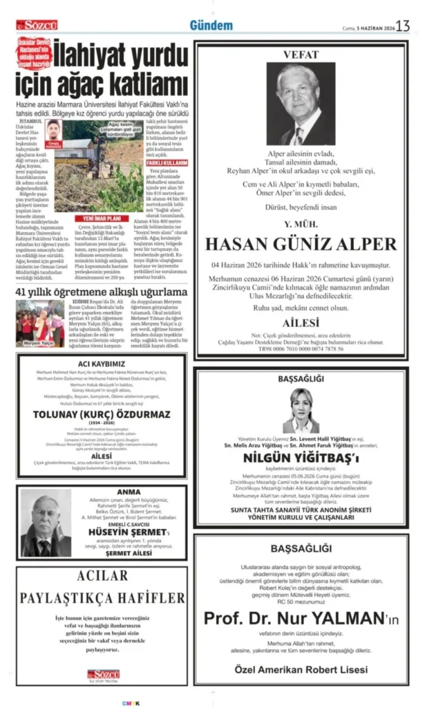 5 Haziran 2026 Vefat, Başsağlığı İlanları Sözcü