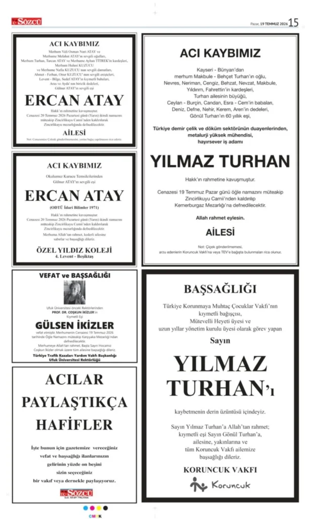 19 Temmuz 2026 Vefat, Başsağlığı İlanları Sözcü