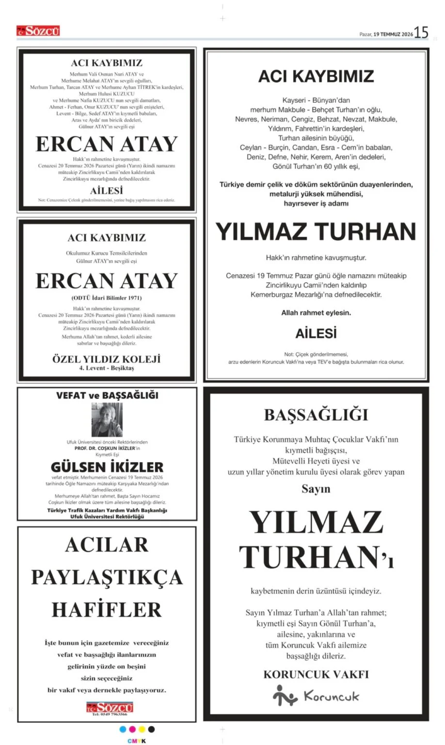 19 Temmuz 2026 Vefat, Başsağlığı İlanları Sözcü