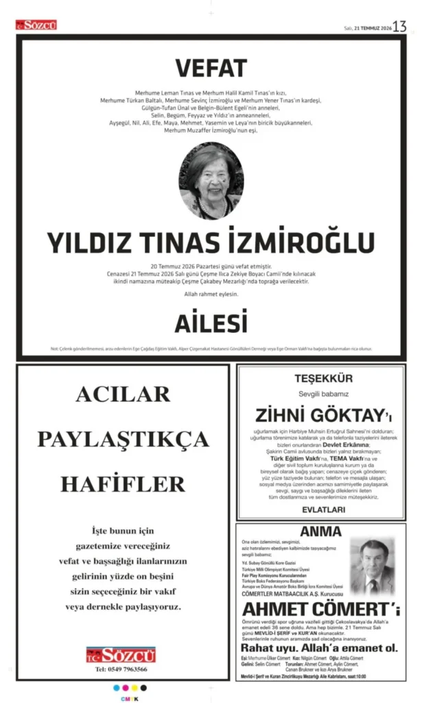 21 Temmuz 2026 Vefat, Başsağlığı İlanları Sözcü