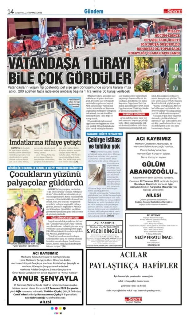 22 Temmuz 2026 Vefat, Başsağlığı İlanları Sözcü 2