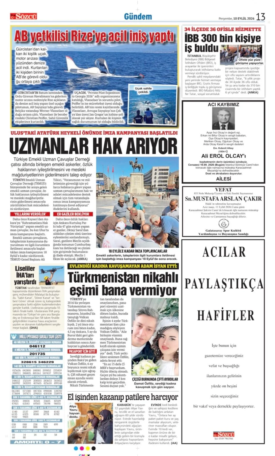 Sözcü Gazetesi 10 Eylül Vefat İlanları