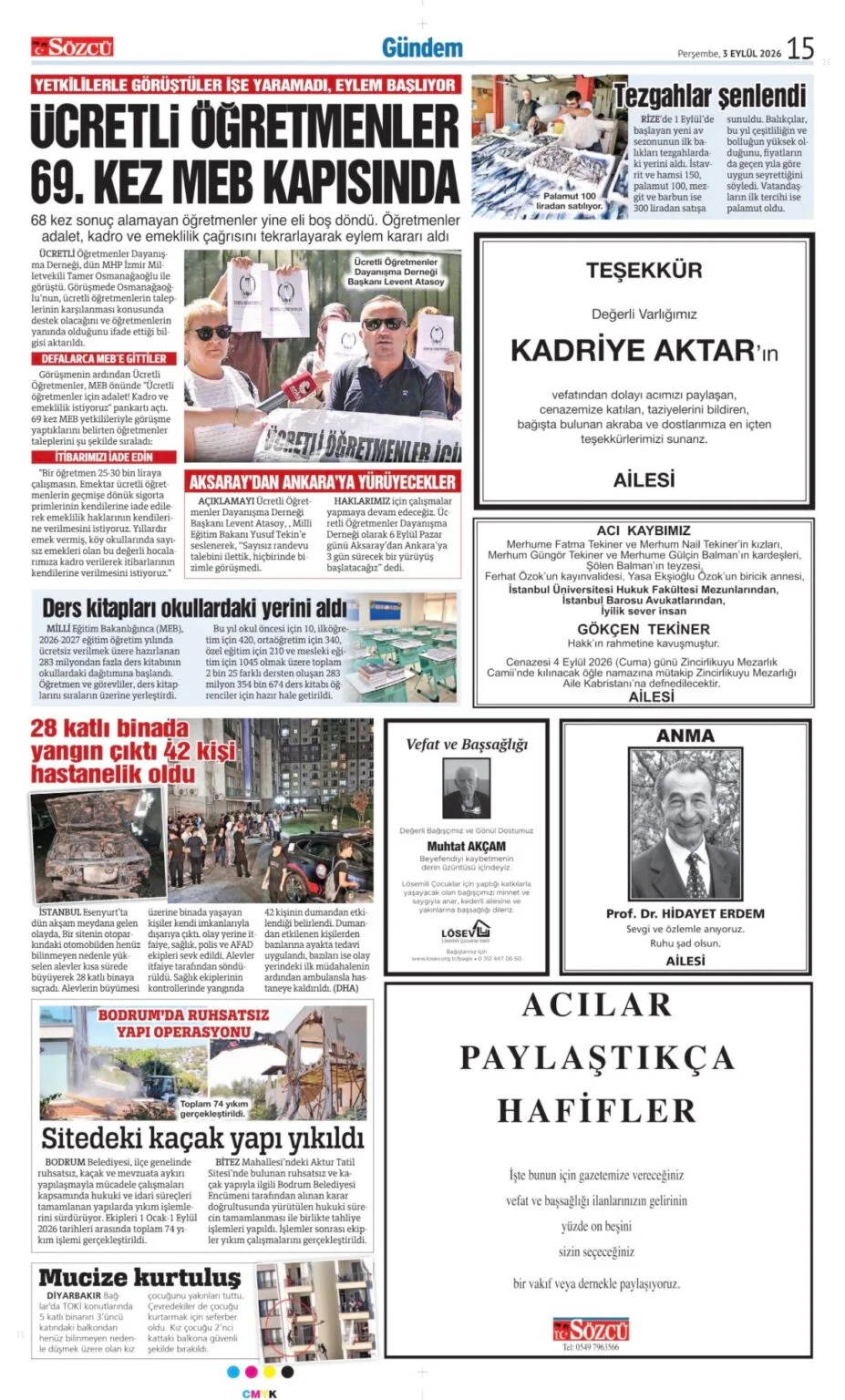 Sözcü Gazetesi 3 Eylül Vefat İlanı