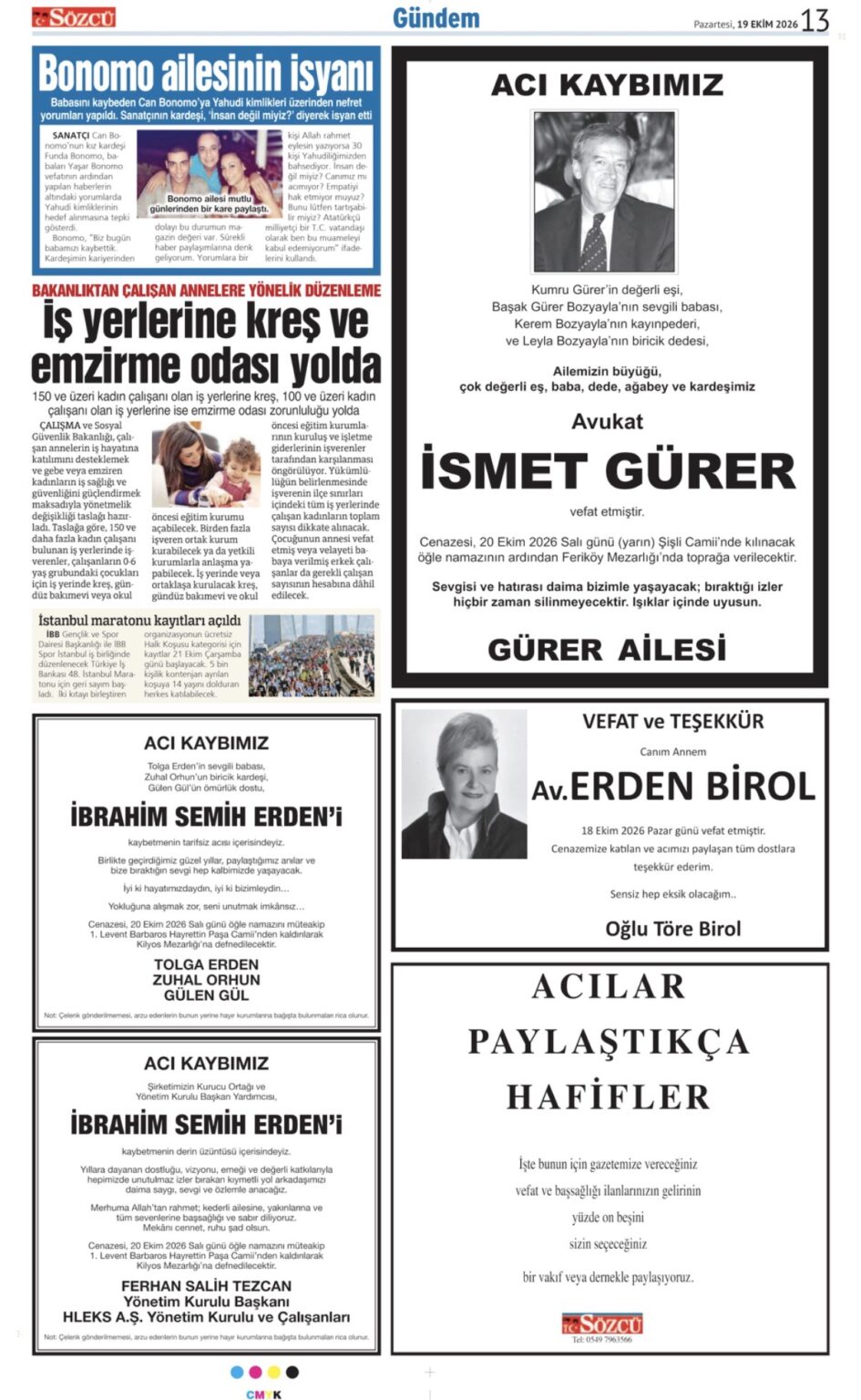19 Ekim 2026 Sözcü Gazetesi vefat ve başsağlığı ilanları