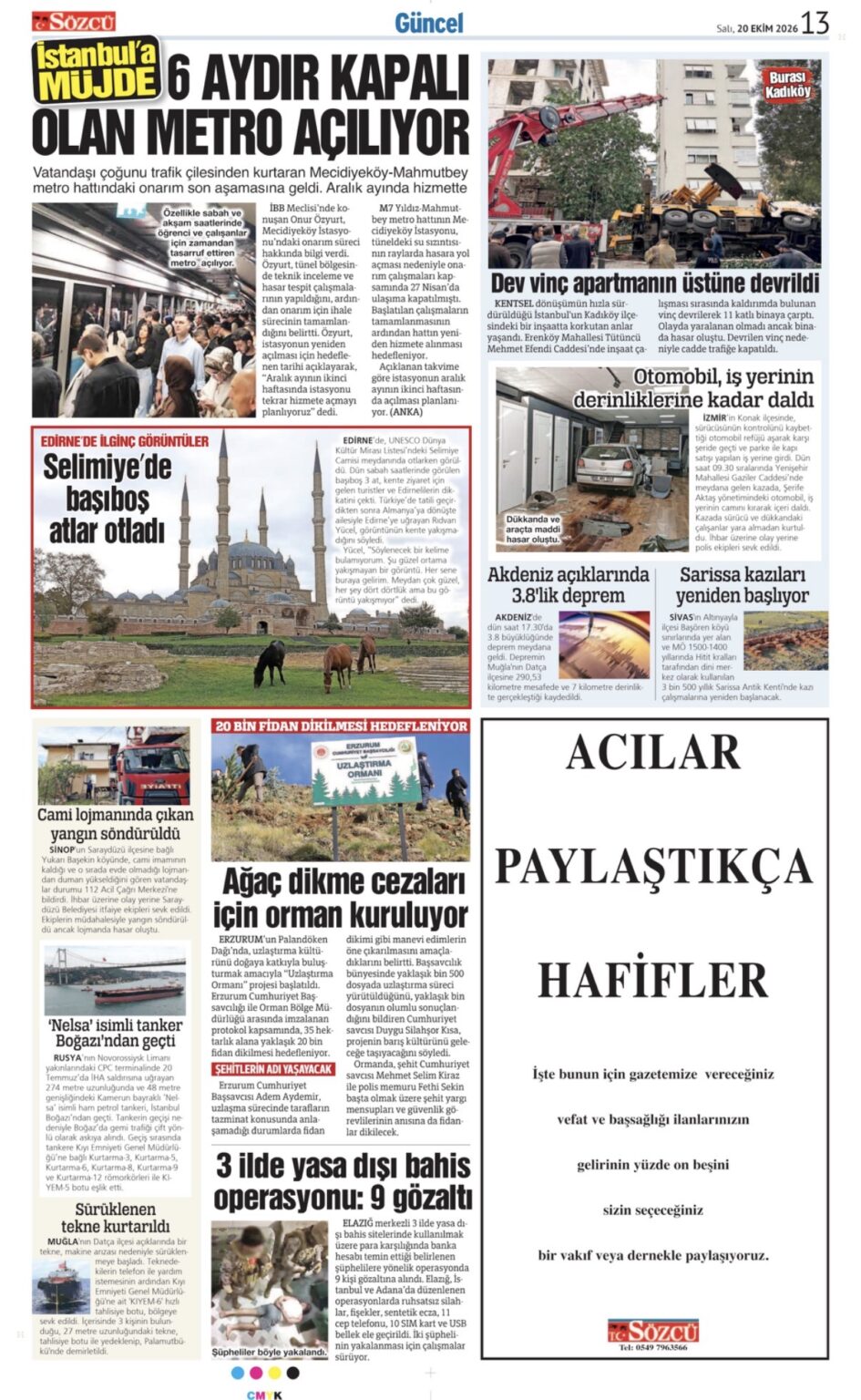20 Ekim 2026 Sözcü Gazetesi vefat ve başsağlığı ilanları