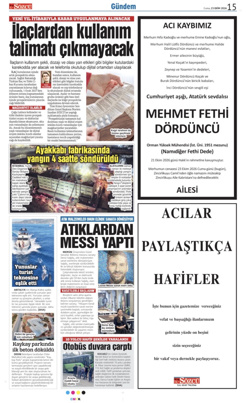 23 Ekim 2026 Sözcü Gazetesi vefat ve başsağlığı ilanları